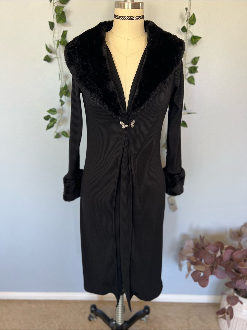 SHEIN Whimsygoth Faux Fur Ribbed Midi Duster Coat XS Black